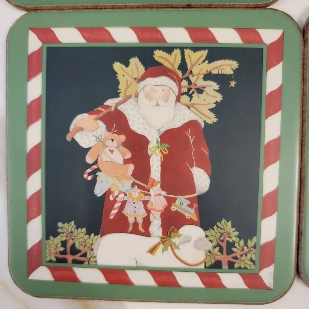 Pimpernel CANDY STICKS 6 Set Vintage Christmas Themed Cork Backed Wood Coasters